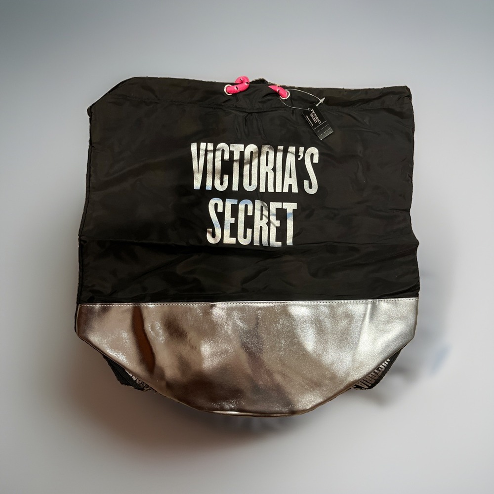 Victoria's Secret Drawstring Backpack Lightweight Gym Travel Casual Black&Silver
